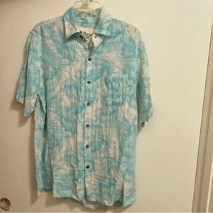 Vintage Silk Mens Button Down Shirt M 44” Blue & Beige Palm Floral Hawaiian